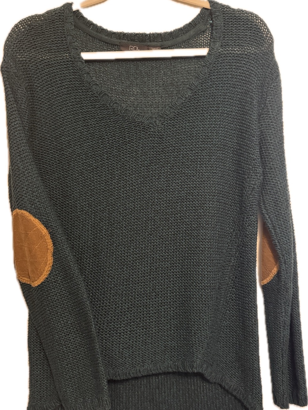 Forest green loose knit V-Neck Sweater with Tan Elbow Patches